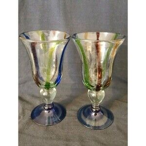 Set of 2 Mexican Art Glass Swirl Stripe Wine Water Goblet Hand Blown 8" Footed